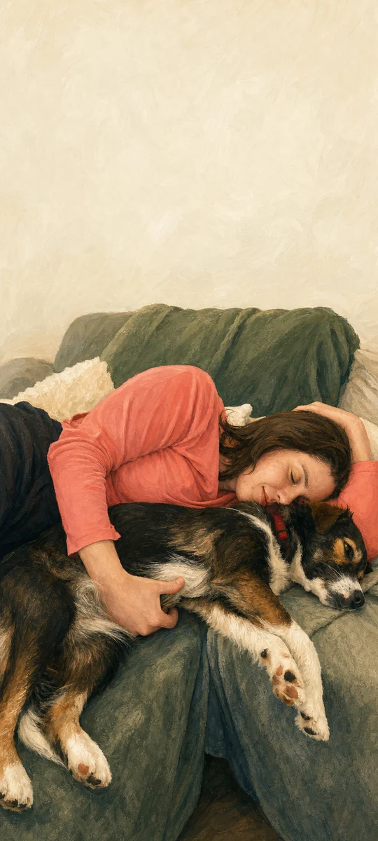 Gemaltes Kuschelbild von Joelle und Mila auf dem Sofa